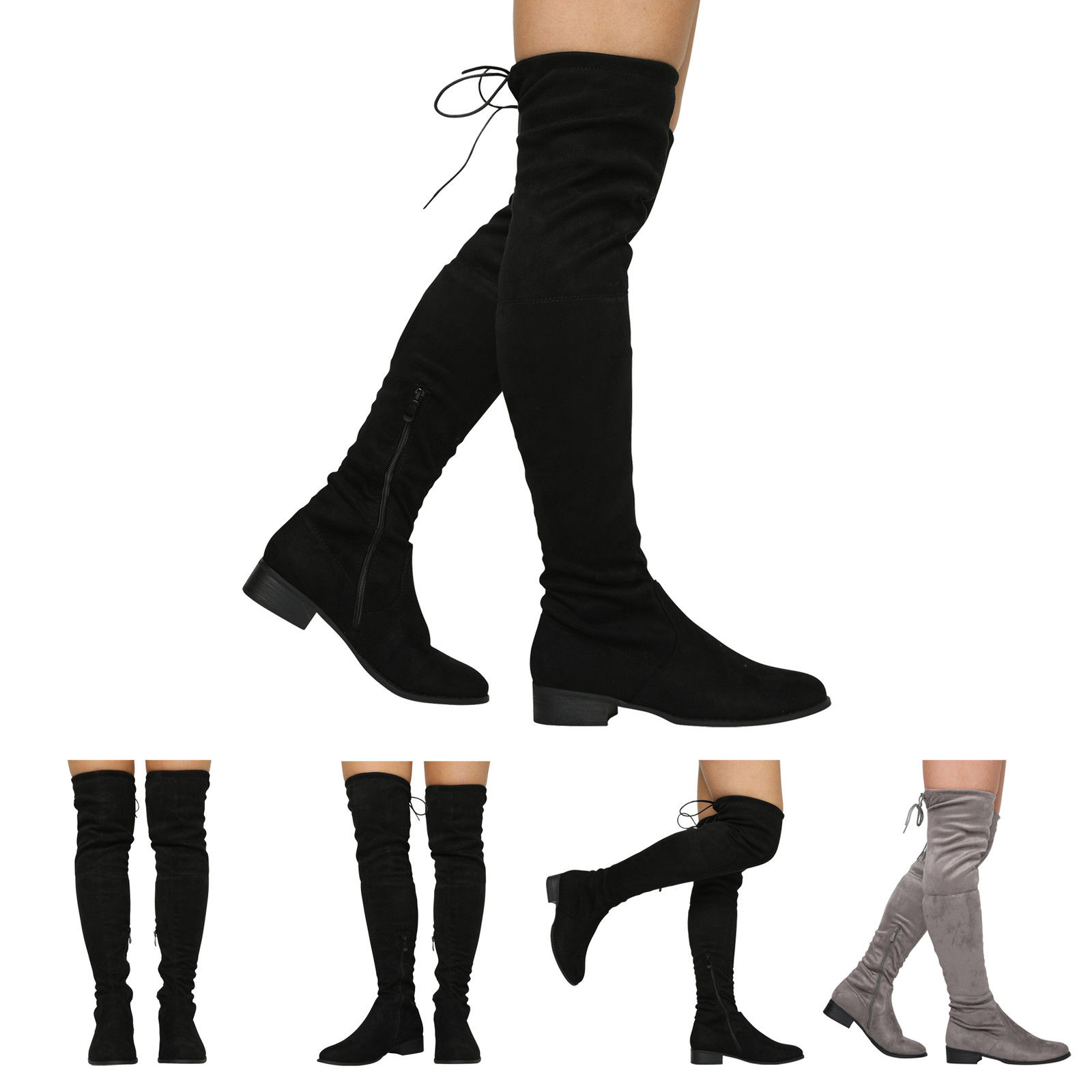NEW WOMENS LADIES THIGH HIGH LOW HEEL OVER THE KNEE STRETCH BOOTS SIZE 3-8