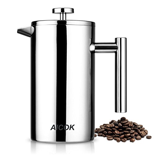 Aicok Kaffeebereiter mit Edelstahlfilter, Kaffeekanne, French Press System mit Zweilagiger Edelstahl Konstruktion - 1L