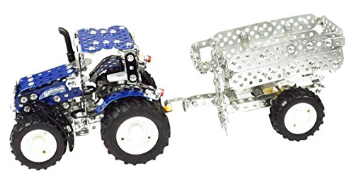 Tronico 10056 - Metallbaukasten Traktor New Holland T4 mit Kippanhänger, Maßstab 1:32, Mini Serie, blau, 744 Teile