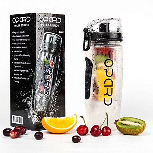 Opard Wasserflasche 1 Liter Fruit Infuser Sports Trinkflasche Water Bottle Tritan BPA-frei mit Kühlung Obst Flasche Kunststoff (Schwarz)