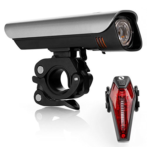 LED Fahrradbeleuchtung Set für ALLE Lenker passend und nach StVZO zugelassen, wiederaufladbares USB Fahrradlicht Set verwendbar als Fahrradlampe inkl Frontlicht und Rücklicht mit Hochleistungs CREE-LEDs und Samsung Li-Ionen Akku ( ultrahelle 60 Lux, Wasse