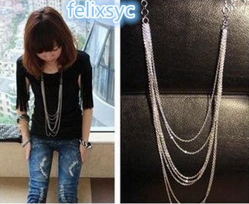 Vintage Style Silver 7 layer Long Tassel Pendant Necklace Sweater Chain Love Gif
