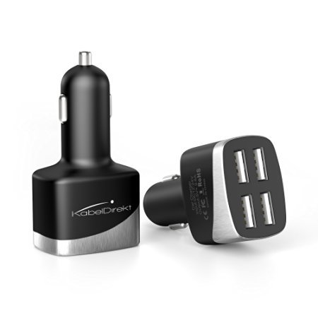 KabelDirekt 4-Port USB Kfz Ladegerät Auto Ladeadapter 18V/9,6A (4x 2.4A) für Apple und Android - schwarz- PRO Series