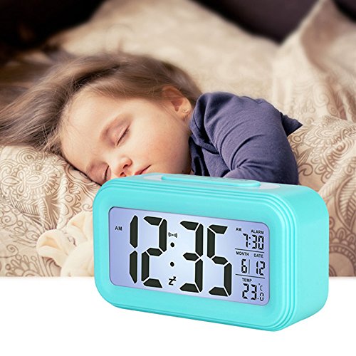 LONZOTH Smart Digital-Wecker, Snooze 5 Minuten, bald aufhören Alarmknöpfe, mit Datum, Temperatur- Für Kinder Studierende und Erwachsene(Blau)