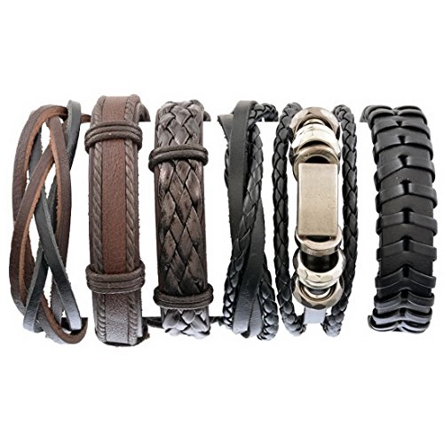 Herren Armband Set Lederarmbänder Geflochten Seil Armreifen Größe Verstellbar 6 Stück aus Leder Schwarz Braun