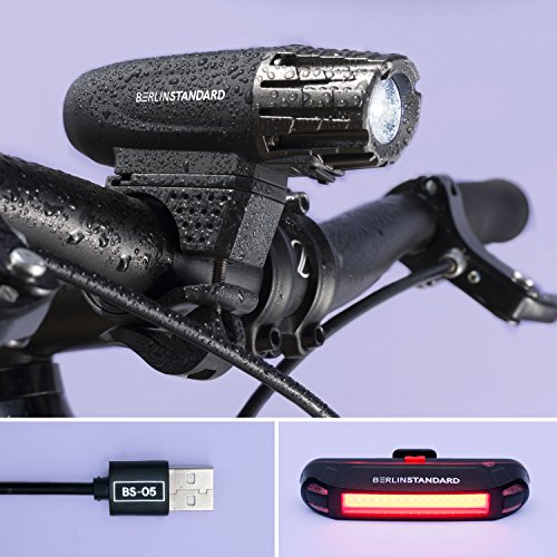BerlinStandard USB wiederaufladbares Fahrradlicht LED Set | Fahrradbeleuchtung  | Superhelle Frontlicht und Rücklicht | Einfache Montage am Rahmen | Max Sicherheit für Nachtfahrer | Universal Fit