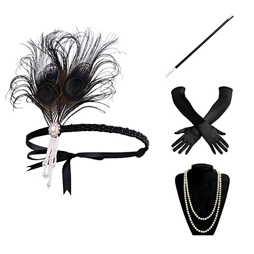 BABEYOND 1920s Flapper Set Damen Gatsby Kostüm Accessoires Set inklusive Stirnband Halskette Handschuhe Zigarettenhalter (Set-7)