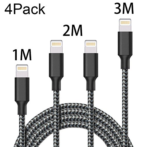Lightning Kabel, ONSON® 4Pack 1M 2M 3M Nylon iPhone Ladekabel iPhone Kabel USB Datenkabel für Apple iPhone 7 / 7 Plus / 6S / 6S Plus / 6 / 6 Plus / SE / 5s / 5c / 5 / iPad Pro / Air / Mini / iPod Nano 7- Schwarz
