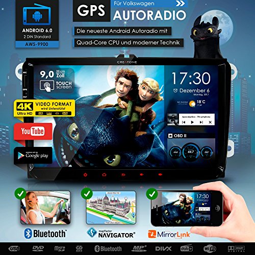 2DIN Android 6.0 Autoradio CREATONE AWS-9900 mit GPS Navigation (Europa) | Quad-Core Prozessor, Wi-Fi 2,4GHz - 5GHz, Bluetooth 4.0, Touchscreen 8 Zoll (21cm), DAB+, MirrorLink, OBD 2, DVD-Player und USB/SD-Funktion