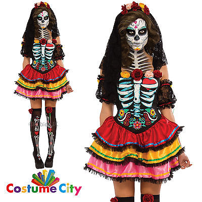 Womens Ladies Mexican Day Of The Dead Senorita Fancy Dress Halloween Costume