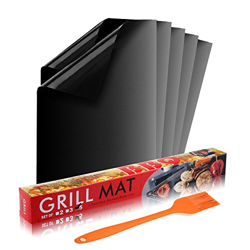 Grillmatte (5er Set) Antihaft zum Grillen und Backen | aus Silikon mit Teflon Antihaftbeschichtung für bis 300°C | Wiederverwendbar | je 40x33 cm| mit Premium Silikon grillpinsel