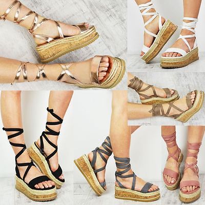 Womens Ladies Flat Wedge Espadrille Lace Tie up Sandals Platform Summer Shoes
