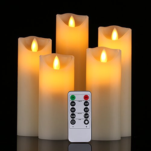 LED Kerzen,Flammenlose Kerzen 180 Stunden Dekorations-Kerzen-Säulen im 5er Set (10,2 cm 12,7 cm 15,2 cm,17.8 cm,20.3 cm). Realistisch flackernde LED-Flammen aus Echtwachs in Elfenbeinfarbe. 10-Tasten Fernbedienung mit 24 Stunden Timer-Funktion (5*1, Ivory