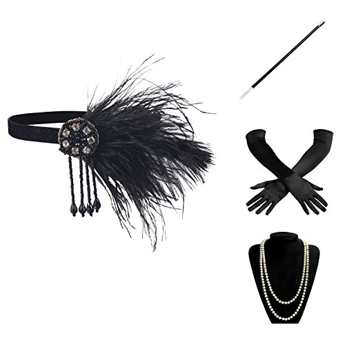 BABEYOND 1920s Flapper Set Damen Gatsby Kostüm Accessoires Set inklusive Stirnband Halskette Handschuhe Zigarettenhalter (Set-2)