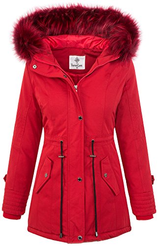 Damen Echtfell Winter Jacke Parka Kapuze Designer Damenjacke Outdoor D-204 XS-XL, Rot, M