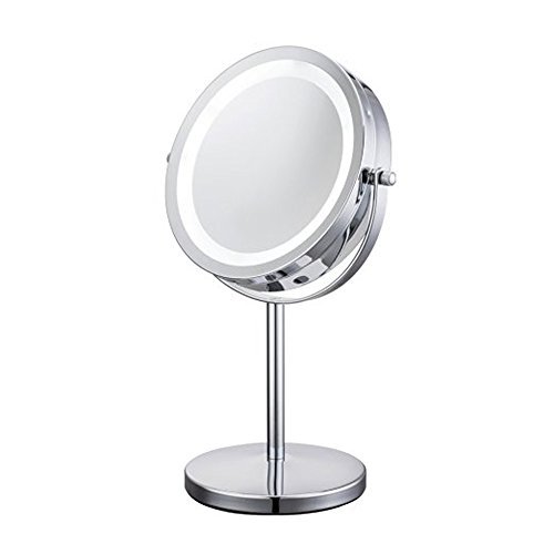 ALHAKIN 360° Tisch Spiegel 1 /10-Fach Vergrößerung Doppelseitiger Schlafzimmer 7 Inch Kosmetikspiegel 20,5 * 13,5 * 31,5 cm / Chrom gebürstet / LED