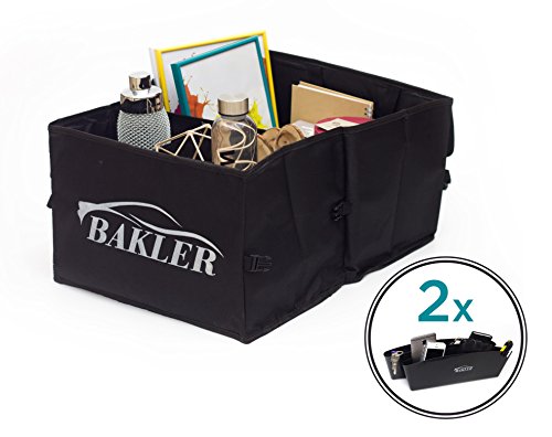 BAKLER Flach faltbare Kofferraumtasche + GRATIS: 2 Autositz-Seiten-Schlitz-Taschen| Auto-Faltbox | Aufbewahrung Gepäckfixierung Kfz-Kiste für Verbandskasten Warnweste Reinigungs-Utensilien Überbrückungskabel