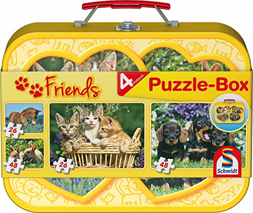 Schmidt Spiele 56499 - Haustiere Puzzle-Box, 2 x 26 / 2 x 48 Teile, im Metallkoffer
