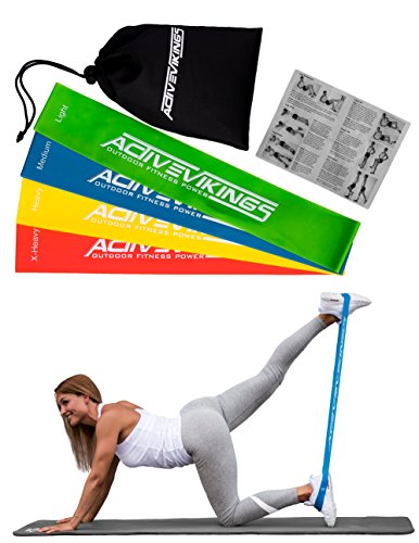 Fitnessbänder Set 4-Stärken by ActiveVikings - Ideal für Muskelaufbau Physiotherapie Pilates Yoga Gymnastik und Crossfit - Fitnessband Gymnastikband