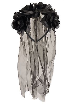 Goth Black Bride Headband Veil Flower Adult Ladies Halloween Fancy Dress Costume