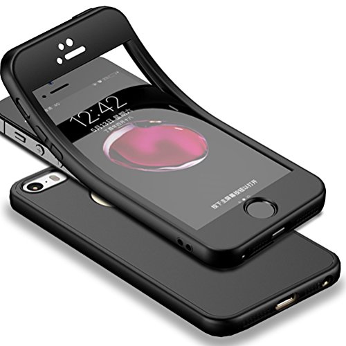 HICASER iPhone SE 360 Grad Hülle + Panzerglas, Komplettschutz Vorder und Rückseiten Schutz Schale Ganzkörper-Koffer Soft TPU Schutzhülle für iPhone 5 / 5s Schwarz