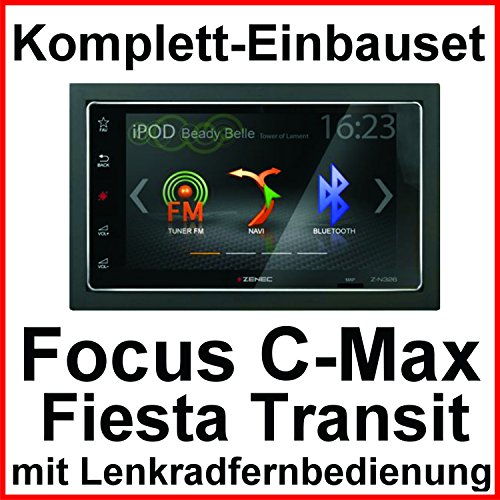 Komplett-Set Ford Focus C-Max Fiesta Transit ZENEC Z-N326 Bluetooth USB MP3 Autoradio 2-DIN Moniceiver Touchscreen Freisprecheinrichtung