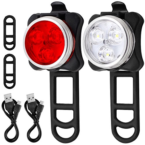 Fahrrad-Scheinwerfer-Rücklicht-Kombination, AFUNTA wiederaufladbare LED-Fahrrad-Licht-Set mit 4 blinkenden Modi, 2 USB-Kabel und 4 Riemen inbegriffen - weiß, rot