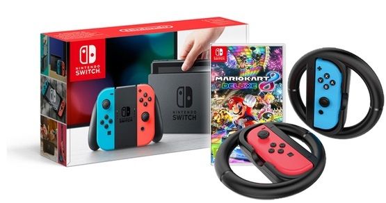  *New* Nintendo Switch Console Neon + Mario Kart 8 Deluxe Game + Wheel Twin Pack