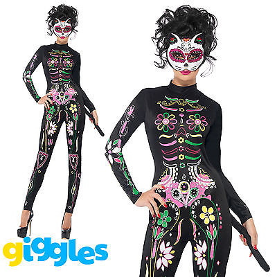 Sugar Skull Cat Costume Day of the Dead Womens Halloween Fancy Dress Outfit