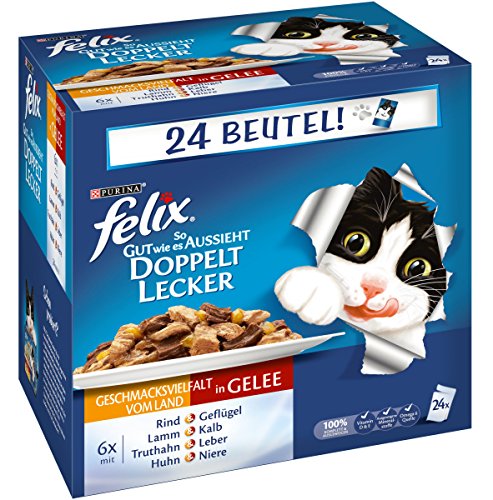 Felix So gut wie es aussieht Katzenfutter Doppelt lecker Fleisch Mix4er Pack, (4 x 24 x 100 g) Beutel