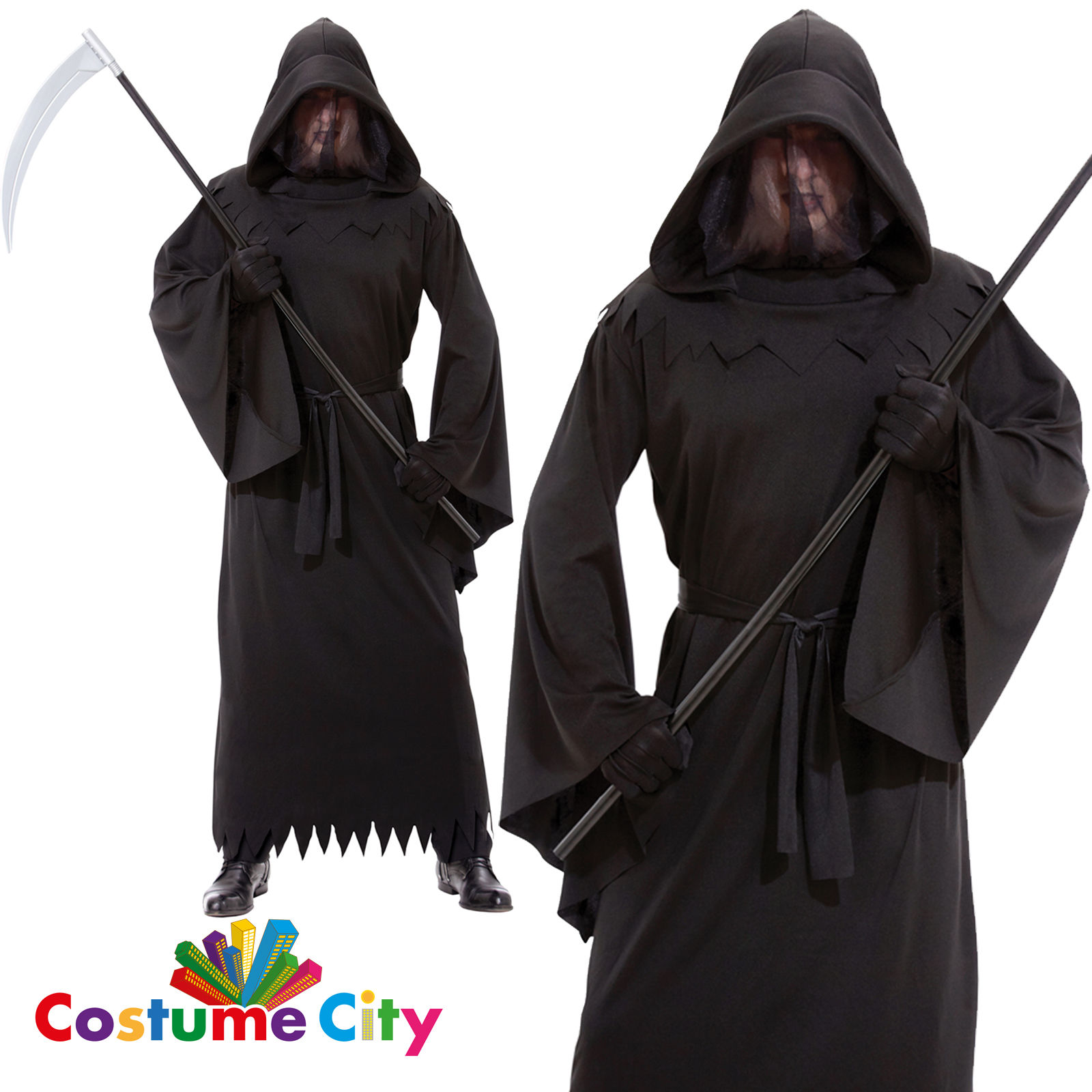 Mens Phantom of Darkness Grim Reaper Death Robe Halloween Fancy Dress Costume
