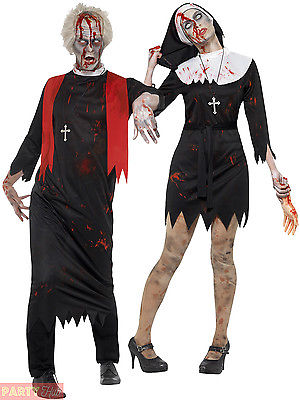 Adult Zombie Nun Priest Couples Costume Mens Ladies Halloween Fancy Dress Outfit