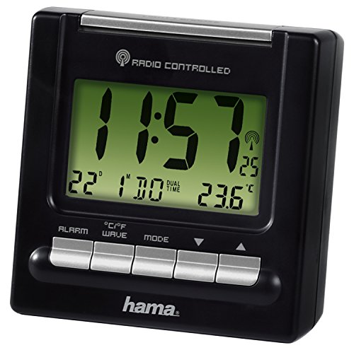 Hama Reise Funk Wecker RC200 (Thermometer, Hintergrundbeleuchtung, zwei Weckzeiten, automatische Zeitanpassung) schwarz