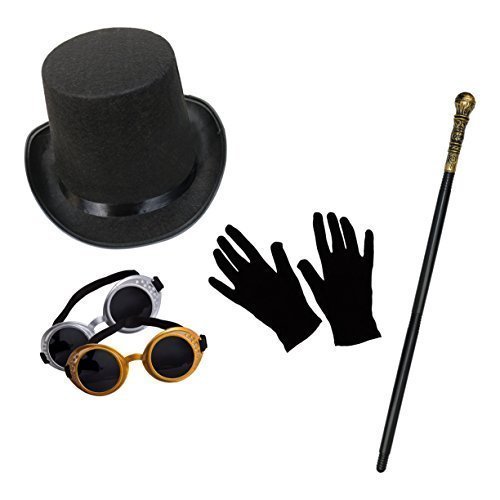 Unisex Steampunk Modisches Kostüm-Set (Zylinder, Schutzbrille, Gehstock & Kurz Schwarz Handschuhe)