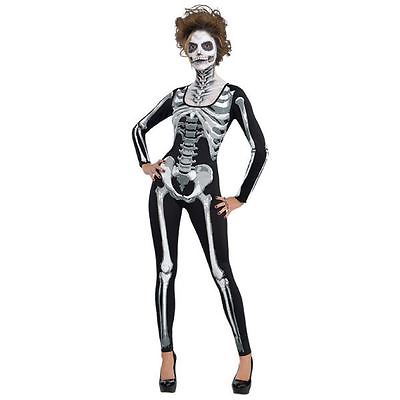 Womens Skeleton Halloween Catsuit Costume Fancy Dress Outfit Size 10-12 