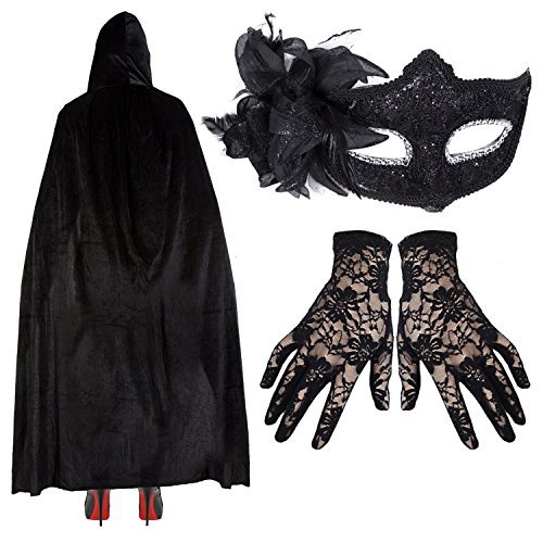 Damen Deluxe Masquerade Halloween Kostüm - Schwarze Spitze Maske + Umhang + Handschuhe - Schwarz