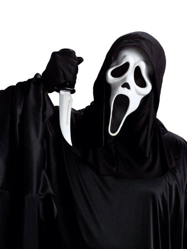 Scream Kostüm Mega Set mit offizieller Original USA Lizenz Scream Maske, cooler schwarzer Horror Kutte (Unisize Erwachsene), schwarzen Handschuhen (Unisize Erwachsene) und riesigem Splatter Mörder Messer mit Blut Spuren - Halloween Horror Mega Profi Set u