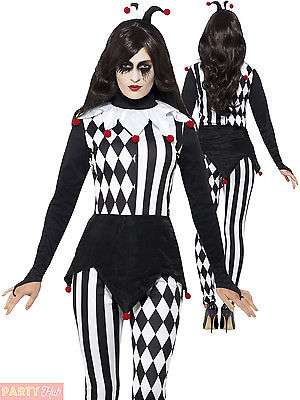 Ladies Jester Halloween Costume Adults Harlequin Clown Fancy Dress Womans Outfit