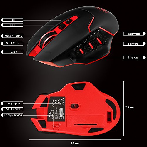 Redragon® M690 4800DPI Wireless Gaming Maus für Pro Gamer, 500Hz Rücklaufquote , 6 einstellbare DPI, Ergonomische Maus mit 7 programmierbaren Tasten