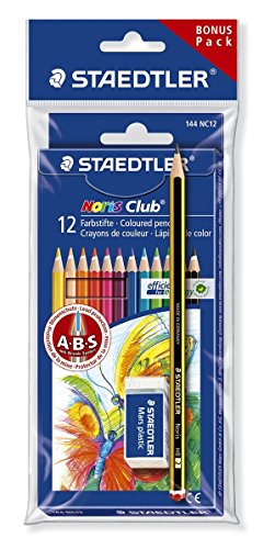 Staedtler Noris Club 61 SET6 Buntstifte, erhöhte Bruchfestigkeit, sechskant, Set mit 12 brillanten Farben, Bonuspack mit Radierer und Bleistift