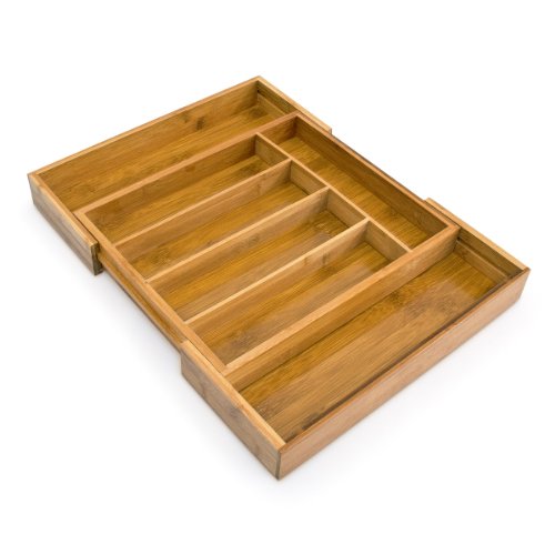 Relaxdays Besteckkasten mit 5 bis 7 Fächern HBT: 5 x 48,5 x 37 cm große Besteckeinlage aus Bambus als Schubladeneinsatz und Küchenorganizer Besteckeinteiler aus Holz ausziehbarer Besteckeinsatz, natur