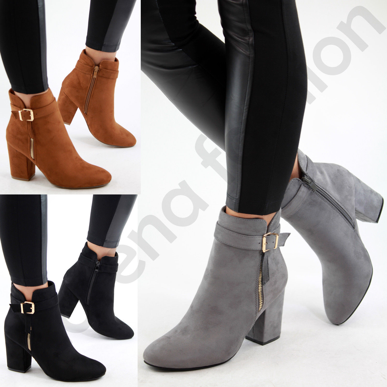 New Womens Ladies Ankle Boots High Block Heel Buckle Side Zip Casual Shoes Sizes