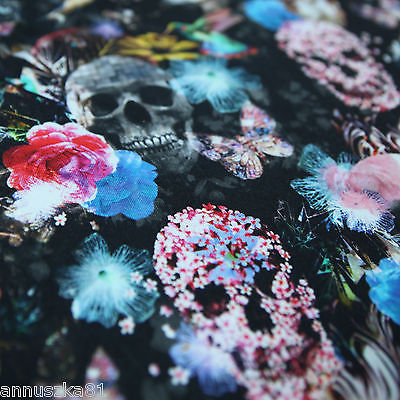Jersey Stoff Skulls Schädel MIX Kolibri Blüten Totenköpfe bunt Blumen Traumhaft
