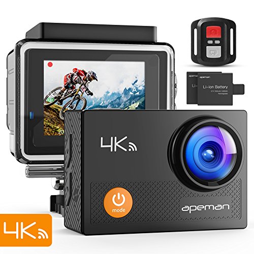 APEMAN Action Cam 4K WIFI Camera Ultra Full HD Unterwasser Kamera Helmkamera Wasserdicht mit 2.4G Fernbedienung 2 verbesserten Akkus und Montage Zubehör Kit