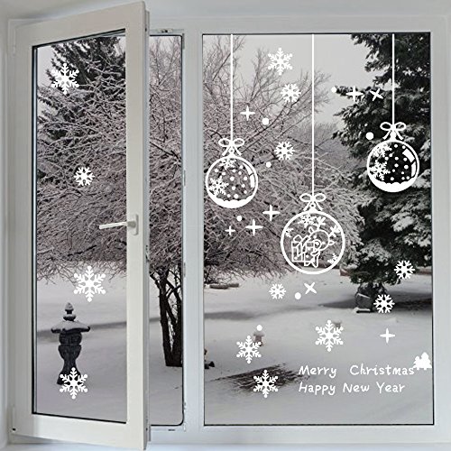 Fensterbilder ,Profer statisch haftende PVC-Sticker Schneeflocken Tannenbaum Hirsch Weihnachten Fenstertattoo Wandtattoo Schneeflocken - wiederverwendbar (Weiß)
