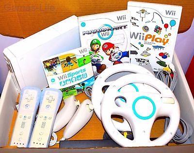 Wii Console Nintendo White 2 Remotes 2 Nunchucks Mario Kart, Wii Sports & Play
