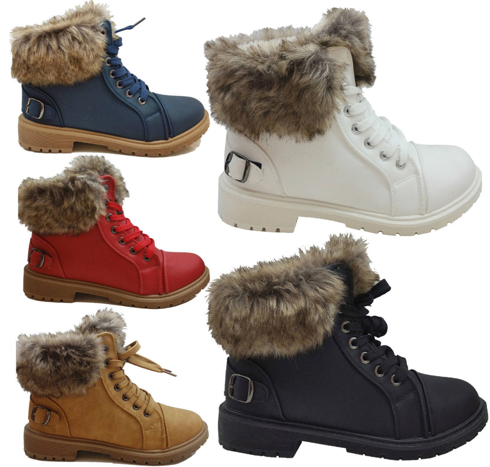 Womens Winter Ankle Boots Ladies Army Combat Flat Grip Sole Fur Lined Shoes Size