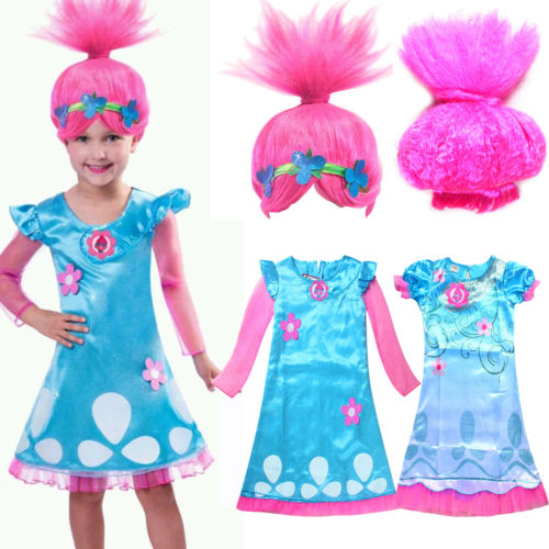 Blau Trolls Cosplay Kostüm Mädchen Kleider Kinder Festkleid Halloween Partykleid