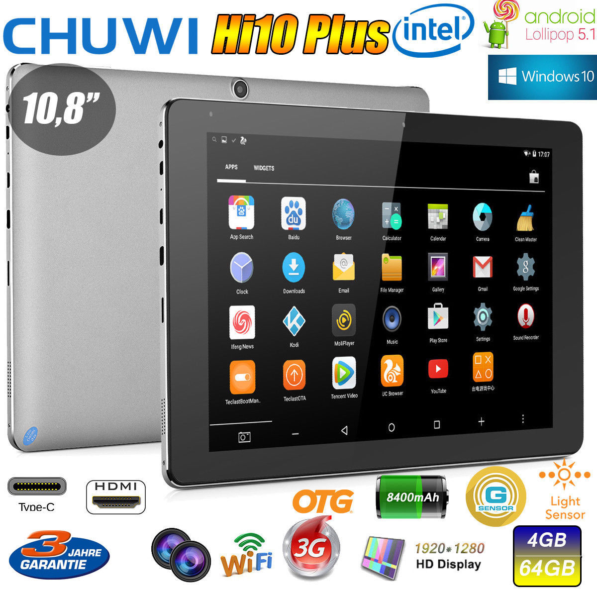 CHUWI Hi10 Plus 10.8 Zoll 4GB/64GB Tablet PC Windows10+Android Quad Core Z8350 