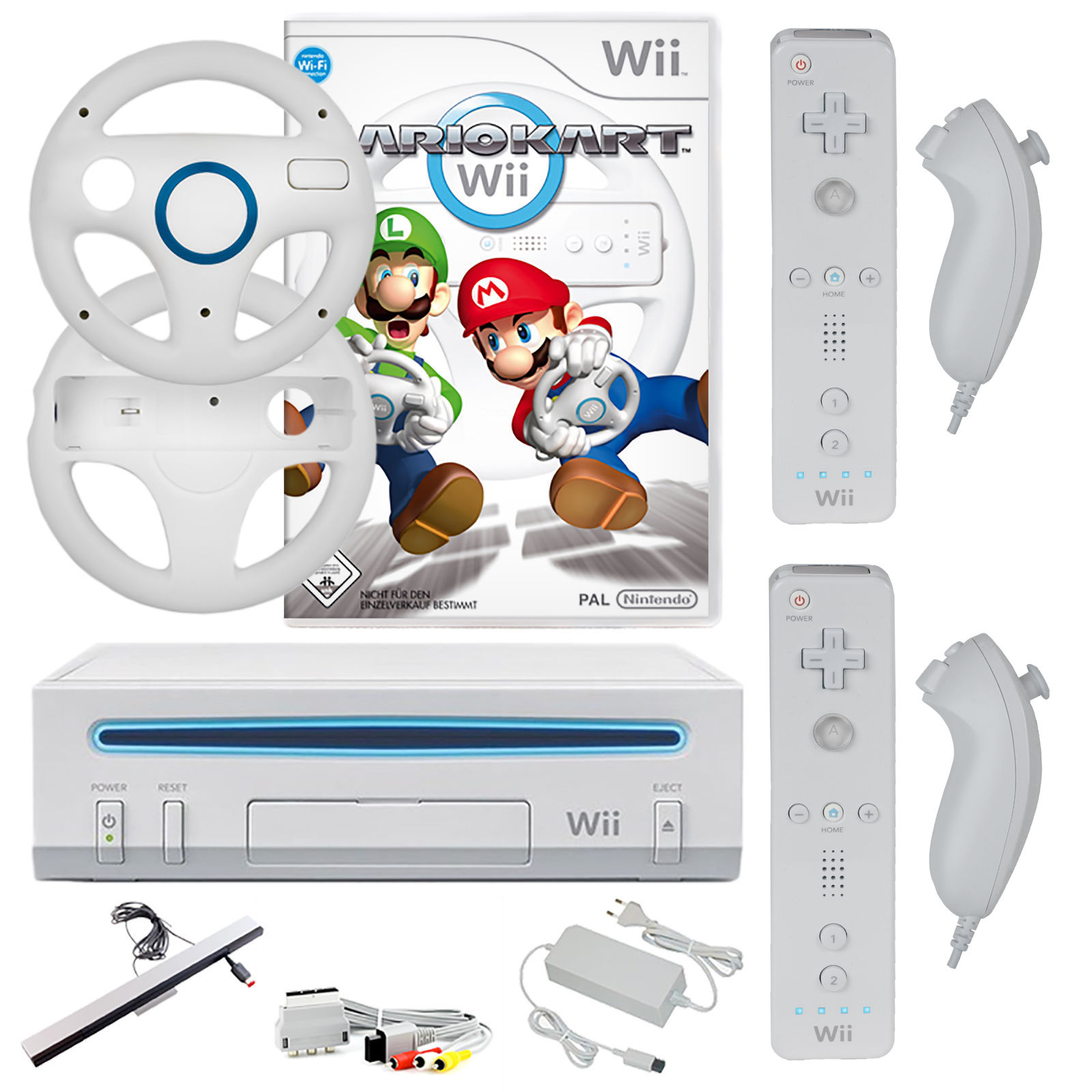 Original Nintendo Wii Konsole Mario Kart 2x Remote 2x Nunchuck 2x Lenkräder Weiß